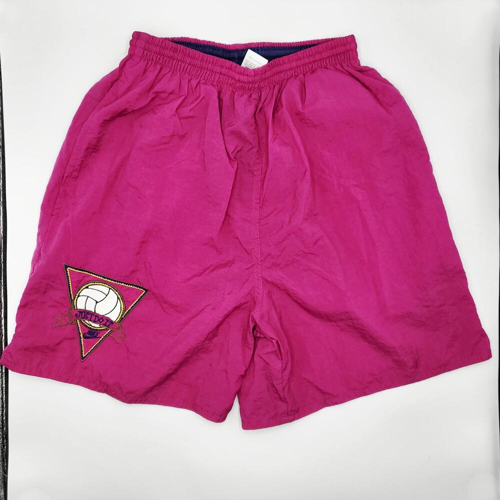 Vintage Nike Burgundy Nylon "JUST DO IT" Applique Athletic Shorts Men's Size S